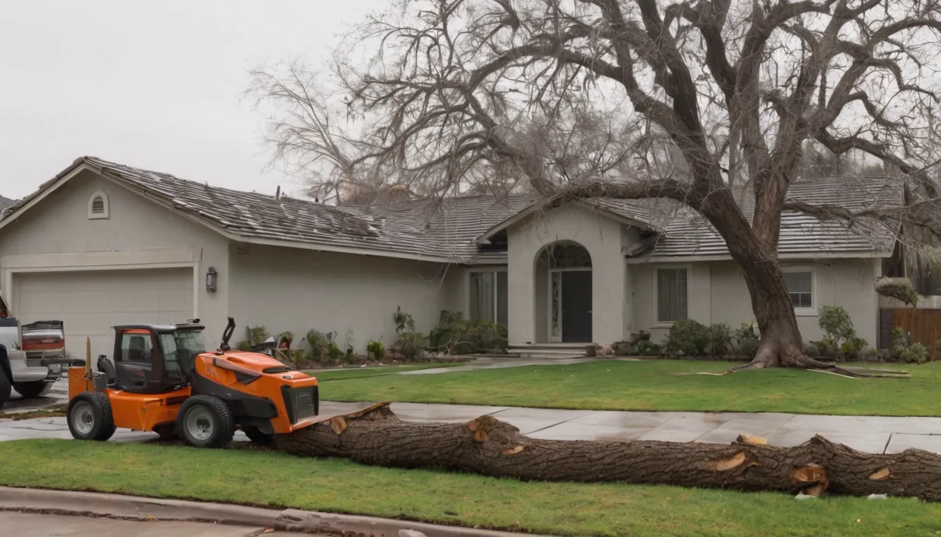 Tree provider and friendly homeowner reviewing a fallen tree near a stucco home in Elk Grove