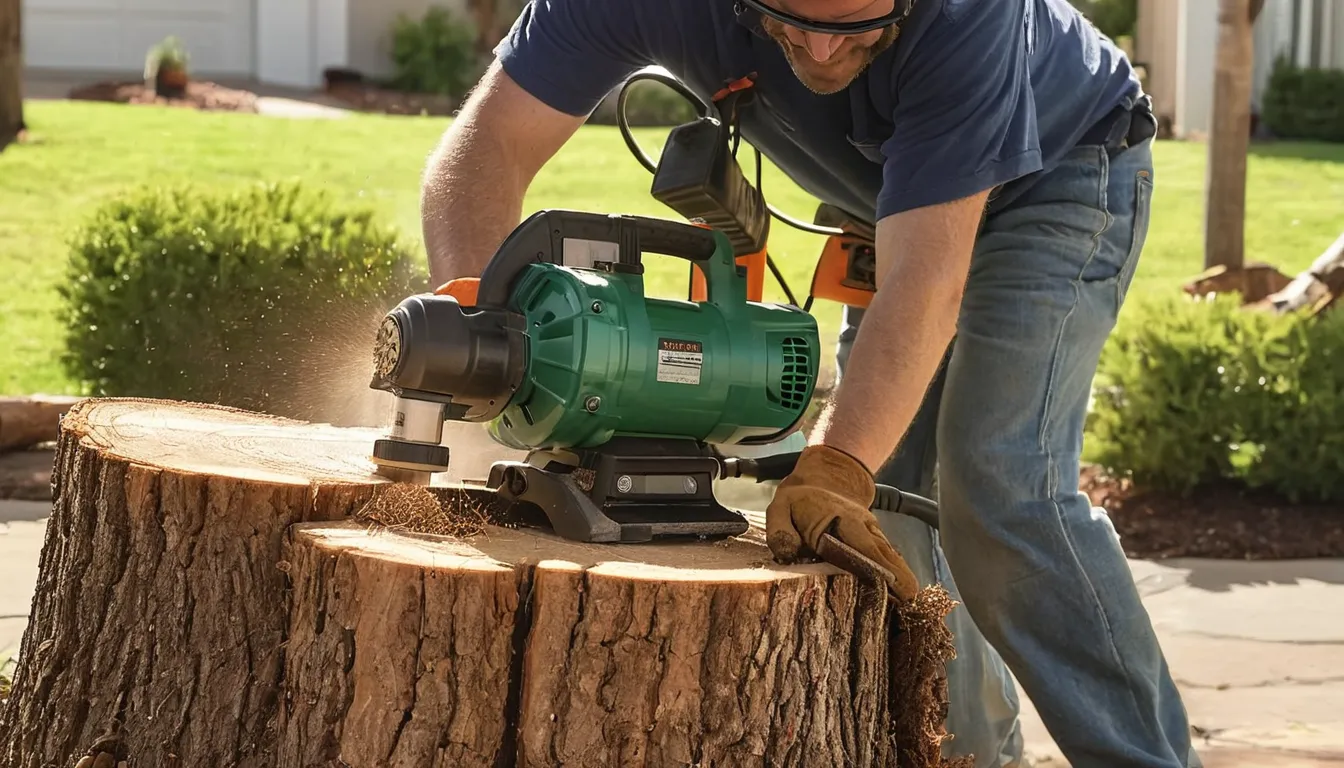 Provider grinding a tree stump in a Elk Grove backyard, with wood chips on the lawn